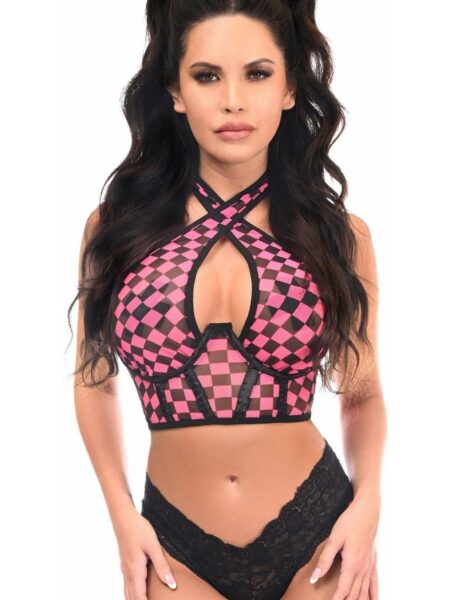 Lavish Black/Pink Checker Mesh Underwire Cincher w/Built In Halter Top — Pleasure Zone Houston