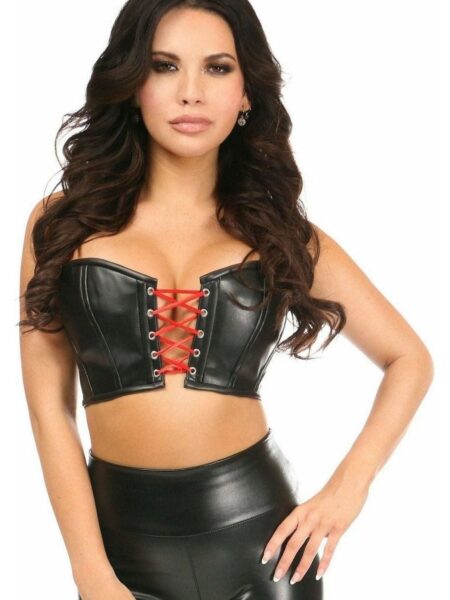 Lavish Black/Red Faux Leather Lace-Up Short Bustier Top — Pleasure Zone Houston