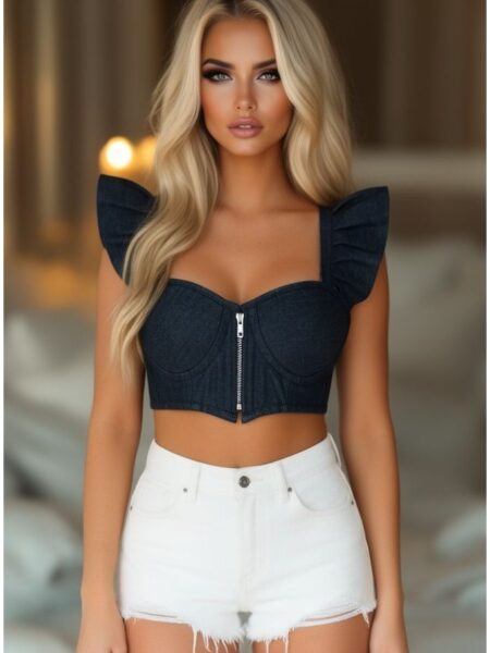 Lavish Dark Blue Denim Underwire Bustier Top w/Removable Ruffle Sleeves — Pleasure Zone Houston