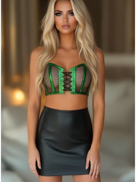 Lavish Green Holo & Fishnet Lace-Up Short Bustier Top — Pleasure Zone Houston