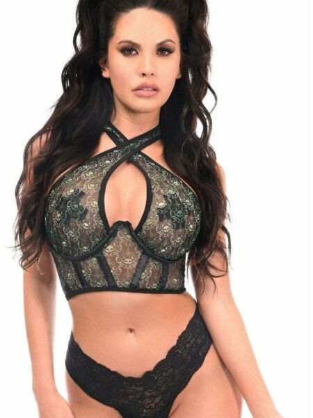 Lavish Green Skulls Print Mesh Underwire Cincher w/Built In Halter Top — Pleasure Zone Houston