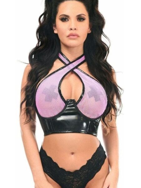 Lavish Lt Pink/Black Vinyl & Fishnet Halter Top Underwire Cincher — Pleasure Zone Houston