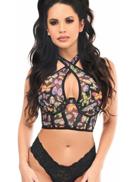 Lavish Multi Butterflies Mesh Underwire Cincher w/Built In Halter Top — Pleasure Zone Houston