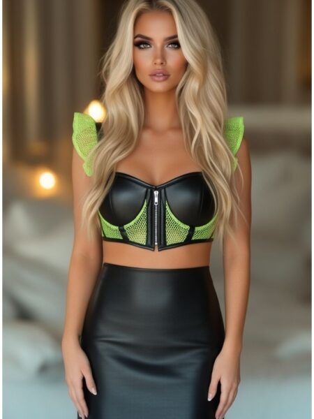 Lavish Neon Green Fishnet & Faux Leather Underwire Bustier Top w/Removable Ruffle Sleeves — Pleasure Zone Houston
