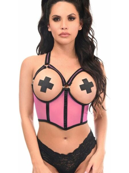 Lavish Pink Underwire Open Cup Mesh Cincher w/Criss Cross Back — Pleasure Zone Houston