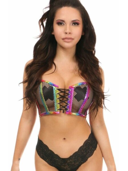 Lavish Rainbow PVC Glitter & Fishnet Lace-Up Short Bustier Top — Pleasure Zone Houston