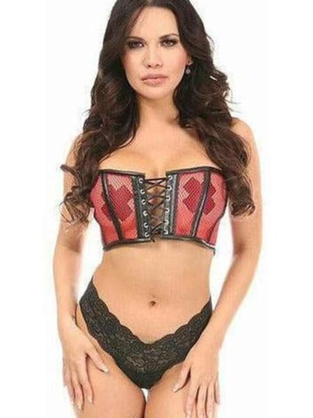 Lavish Red Fishnet & Faux Leather Lace-Up Short Bustier Top — Pleasure Zone Houston