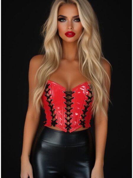 Lavish Red Patent w/Black Lacing Lace-Up Bustier — Pleasure Zone Houston