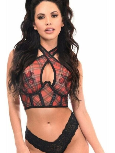 Lavish Red Plaid Mesh Underwire Cincher w/Built In Halter Top — Pleasure Zone Houston