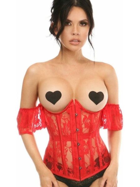 Lavish Sheer Red Lace Underbust Underwire Corset w/Ruffle Sleeve — Pleasure Zone Houston