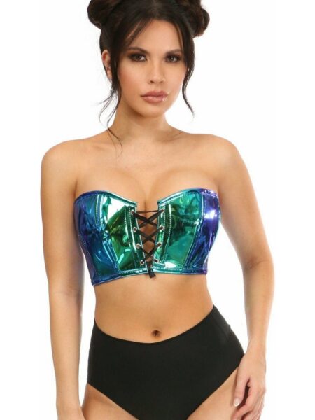 Lavish Teal/Blue Holo Lace-Up Short Bustier Top — Pleasure Zone Houston