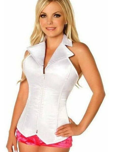 Lavish White Collared Front Zipper Corset — Pleasure Zone Houston