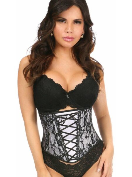 Lavish White Lace-Up Underbust Corset w/Black Lace — Pleasure Zone Houston