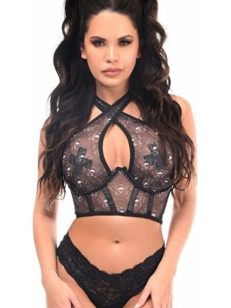 Lavish White Skulls Print Mesh Underwire Cincher w/Built In Halter Top — Pleasure Zone Houston