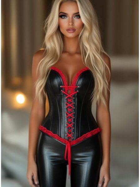 LIMITED EDITION Top Drawer Black Faux Leather & Red Lace Trim Steel Boned Corset — Pleasure Zone Houston