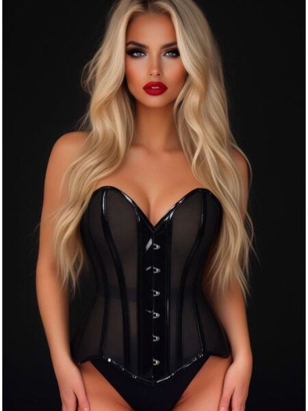 LIMITED EDITION Top Drawer Black Mesh Net w/Patent Steel Boned Overbust Corset — Pleasure Zone Houston