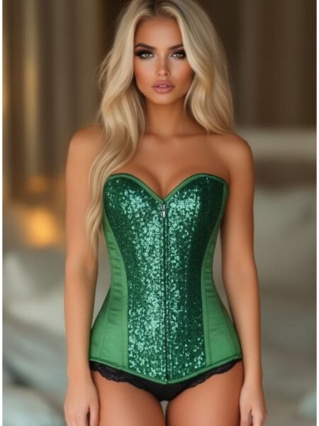 LIMITED EDITION Top Drawer Green Sequin Steel Boned Corset — Pleasure Zone Houston