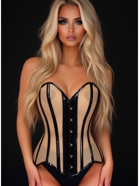 LIMITED EDITION Top Drawer Nude Mesh & Black Patent Steel Boned Corset — Pleasure Zone Houston