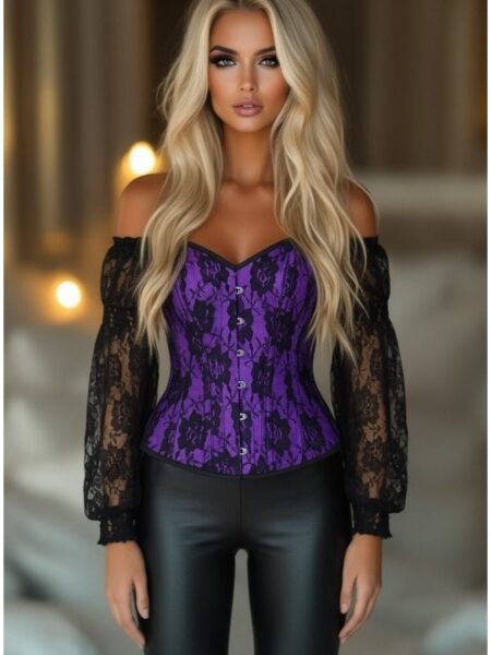 LIMITED EDITION Top Drawer Purple w/Black Lace Steel Boned Long Sleeve Corset — Pleasure Zone Houston
