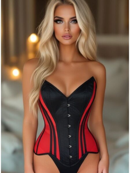 LIMITED EDITION Top Drawer Red Mesh & Black Satin Steel Boned Overbust Corset — Pleasure Zone Houston
