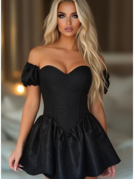 LIMITED EDITION Top Drawer Steel Boned Black Brocade & Taffeta Corset Dress — Pleasure Zone Houston