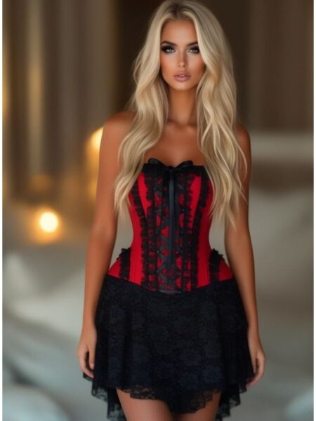 LIMITED EDITION Top Drawer Steel Boned Strapless Red/Black Lace Victorian Corset Dress