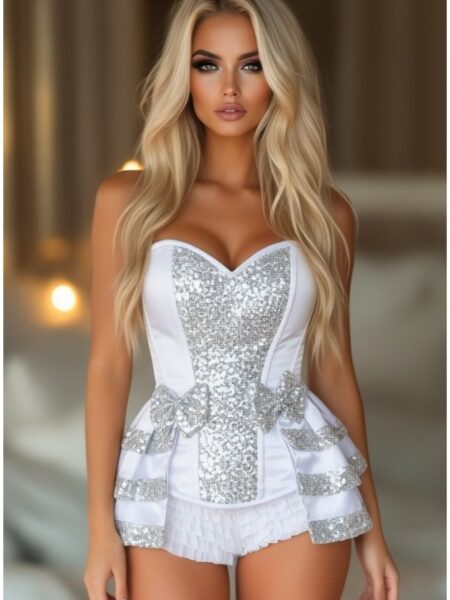 LIMITED EDITION Top Drawer White/Silver Satin & Sequin Steel Boned Corset w/Removable Snap Skirt — Pleasure Zone Houston