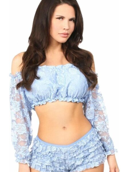 Lt Blue Lined Lace Long Sleeve Peasant Top — Pleasure Zone Houston