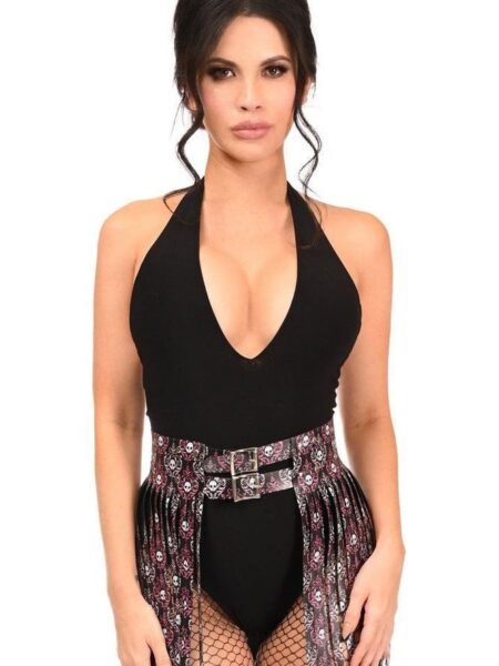 Pink & White Skulls Faux Leather Fringe Skirt — Pleasure Zone Houston