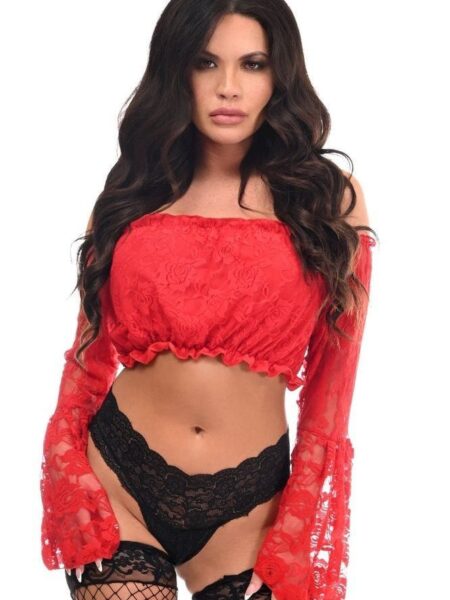 Red Lace Lined Bell Sleeve Top — Pleasure Zone Houston
