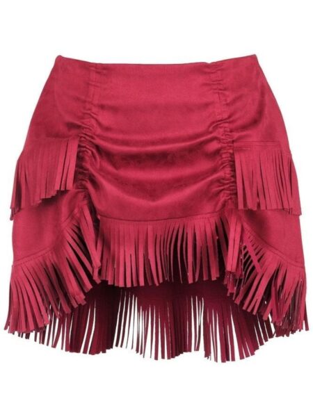 Red Suede Ruched Bustle Skirt w/Fringe — Pleasure Zone Houston