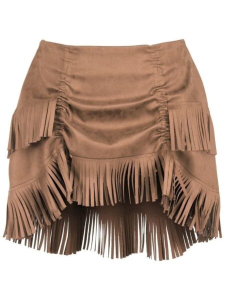 Tan Suede Ruched Bustle Skirt w/Fringe — Pleasure Zone Houston