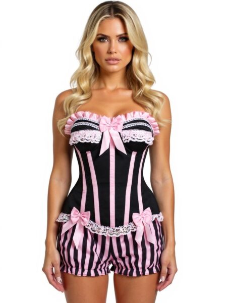 Top Drawer 2 PC Pink/Black Striped Burlesque Steel Boned Corset & Bloomer Set — Pleasure Zone Houston