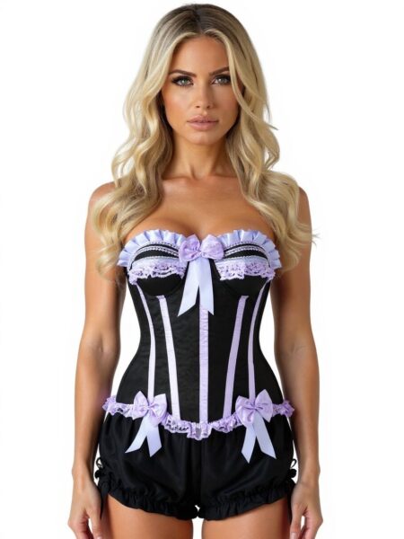 Top Drawer 2 PC Purple/Black Burlesque Steel Boned Corset & Bloomer Set — Pleasure Zone Houston