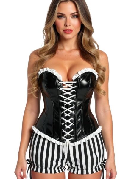 Top Drawer 2 PC Steel Boned Black Vinyl Patent Corset & Striped Bloomers Set — Pleasure Zone Houston