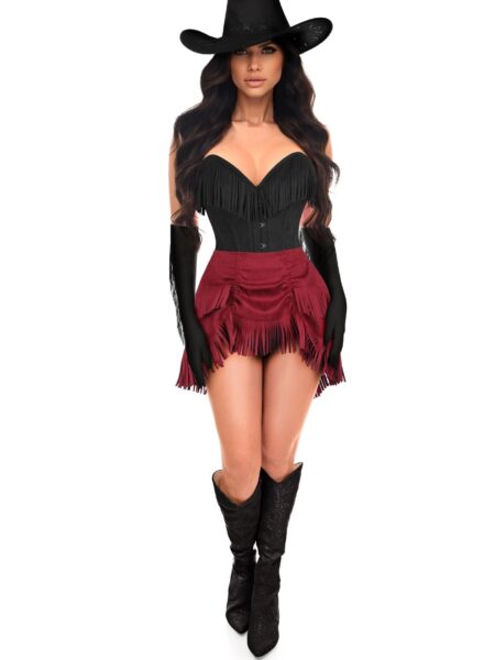 Top Drawer 4 PC Premium Black/Red Suede Fringe Cowgirl Corset Costume — Pleasure Zone Houston
