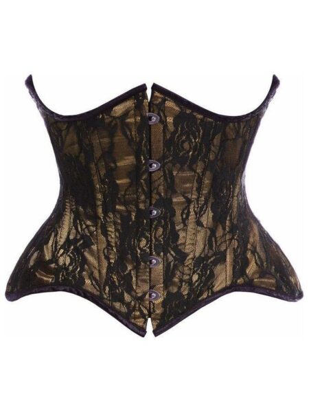 Top Drawer Beige w/Black Lace Double Steel Boned Curvy Cut Waist Cincher Corset — Pleasure Zone Houston