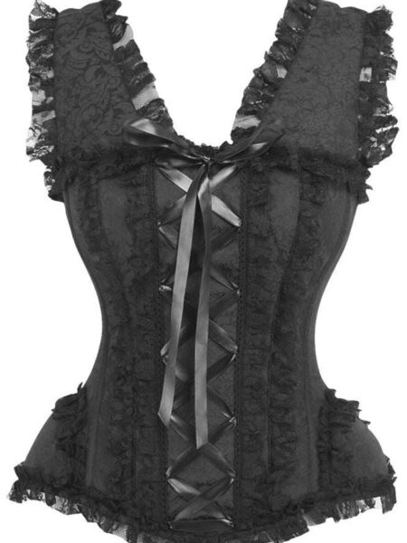LIMITED EDITION Top Drawer Black Brocade & Lace Steel Boned Corset w/Cap Sleeves — Pleasure Zone Houston