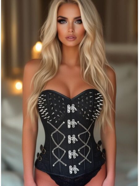 Top Drawer Black Brocade & Silver Spikes Steel Boned Corset