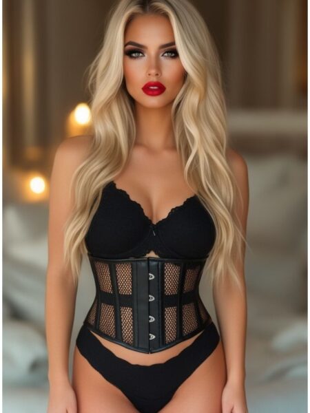 Top Drawer Black Fishnet & Faux Leather Steel Boned Mini Cincher — Pleasure Zone Houston