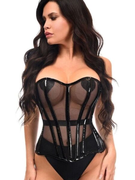 LIMITED EDITION Top Drawer Black Fishnet w/Patent Steel Boned Overbust Corset — Pleasure Zone Houston