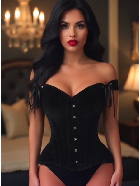 Top Drawer Black Velvet Steel Boned Corset w/Straps