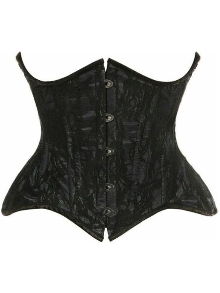 Top Drawer Black w/Black Lace Double Steel Boned Curvy Cut Waist Cincher Corset — Pleasure Zone Houston