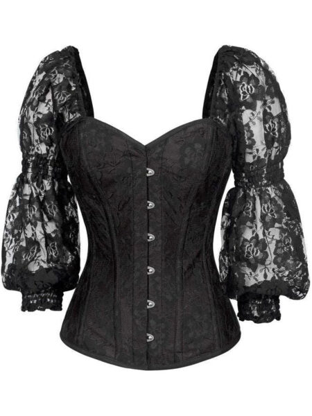 LIMITED EDITION Top Drawer Black w/Black Lace Steel Boned Long Sleeve Corset — Pleasure Zone Houston