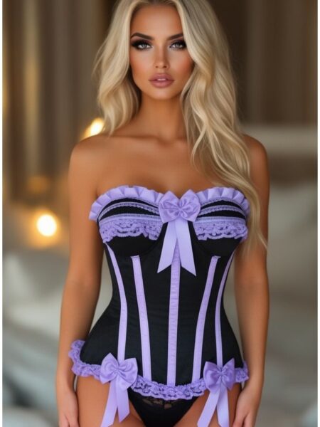 Top Drawer Black/Lavender Satin Steel Boned Burlesque Corset