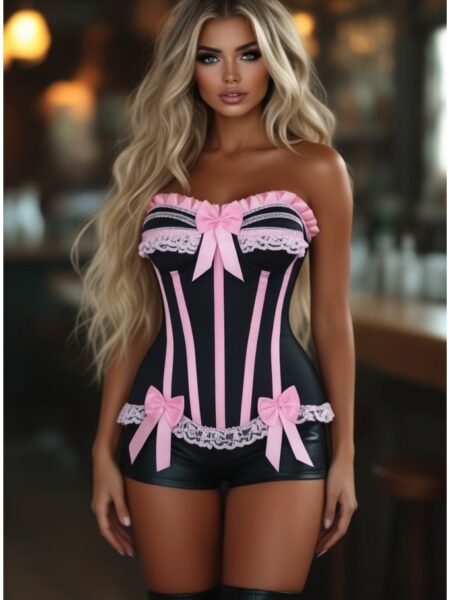 Top Drawer Black/Pink Steel Boned Burlesque Corset