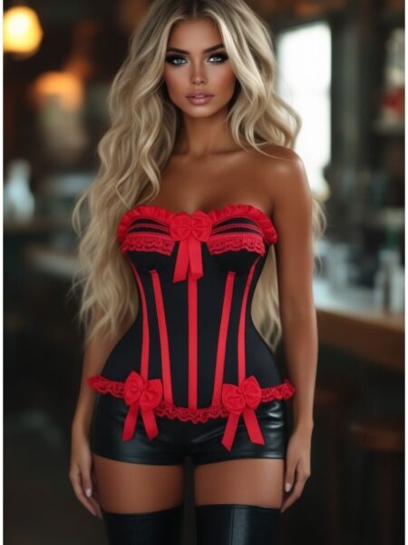 Top Drawer Black/Red Steel Boned Burlesque Corset