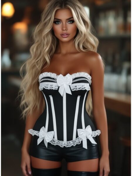 Top Drawer Black/White Steel Boned Burlesque Corset