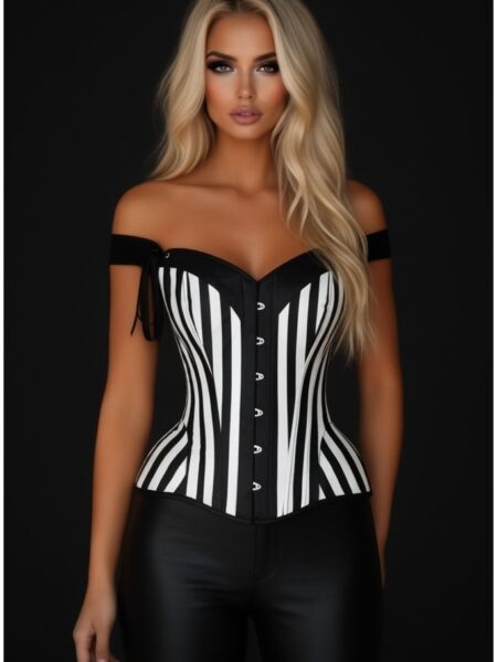 Top Drawer Black/White Striped Steel Boned Corset w/Straps