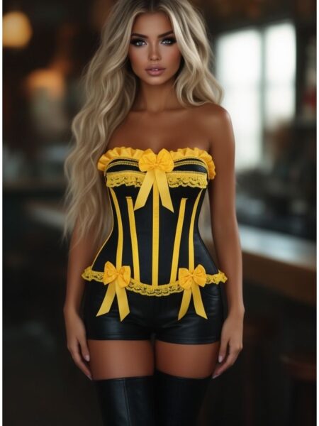 Top Drawer Black/Yellow Satin Steel Boned Burlesque Corset